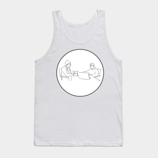 Business negotiations. Business partners. The conversation of men at the table. Interesting design, modern, interesting drawing. Hobby and interest. Concept and idea. Tank Top